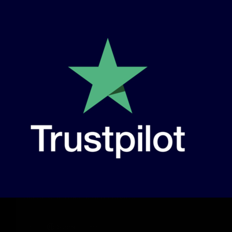 Trustpilot-Logo mit grünem Stern und Schriftzug auf dunkelblauem Hintergrund.