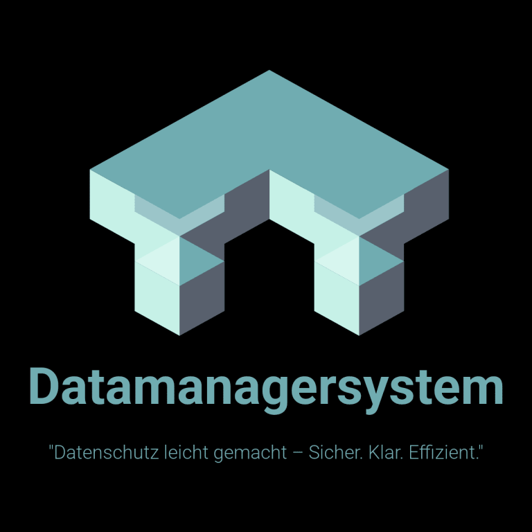 Logo eines Datenmanagersystems mit dem Slogan "Datenschutz leicht gemacht – Sicher. Kl. Effizient."